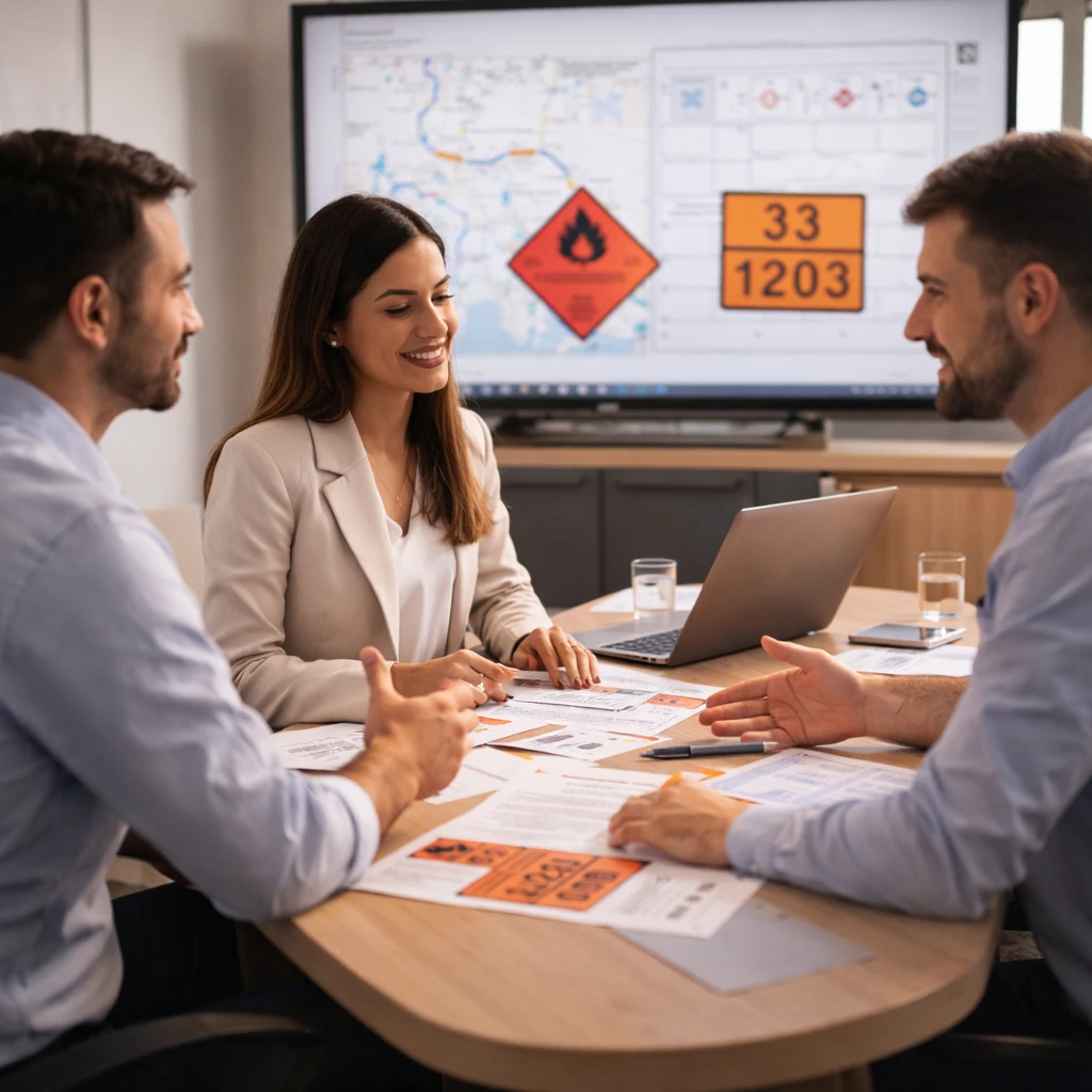 Réunion de conseil ADR pour le transport de marchandises dangereuses avec analyse du numéro ONU 1203