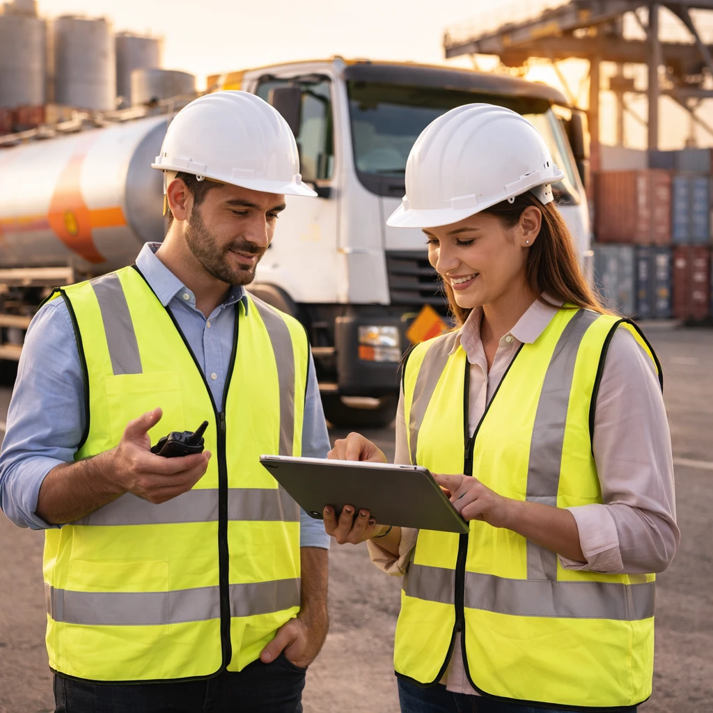 Inspection logistique et conformité ADR devant un camion transportant des marchandises dangereuses