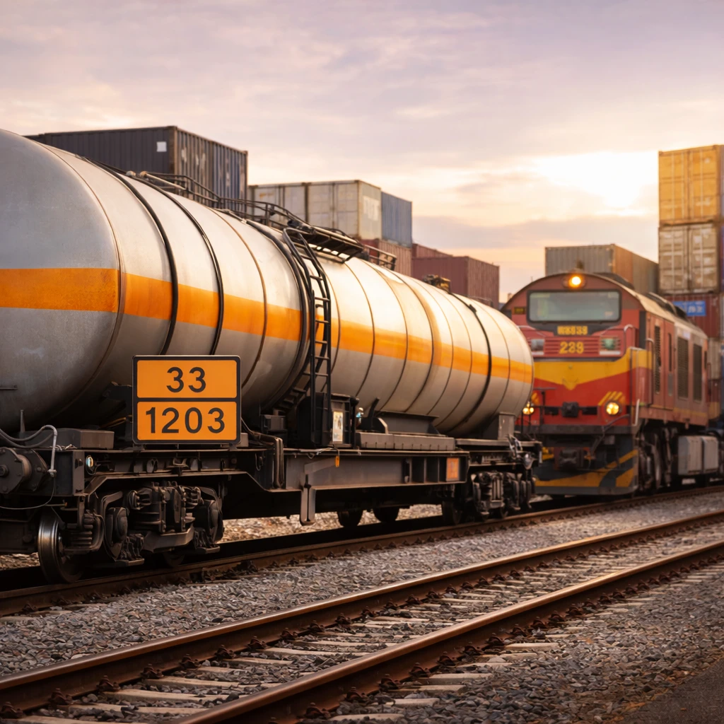 Transport ferroviaire de marchandises dangereuses avec wagon citerne ADR UN 1203 essence