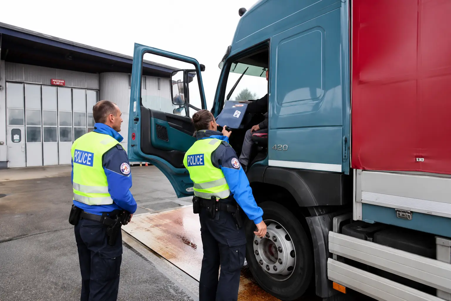 Agents de police contrôlant un poids lourd et les documents du chauffeur lors d’une inspection routière.