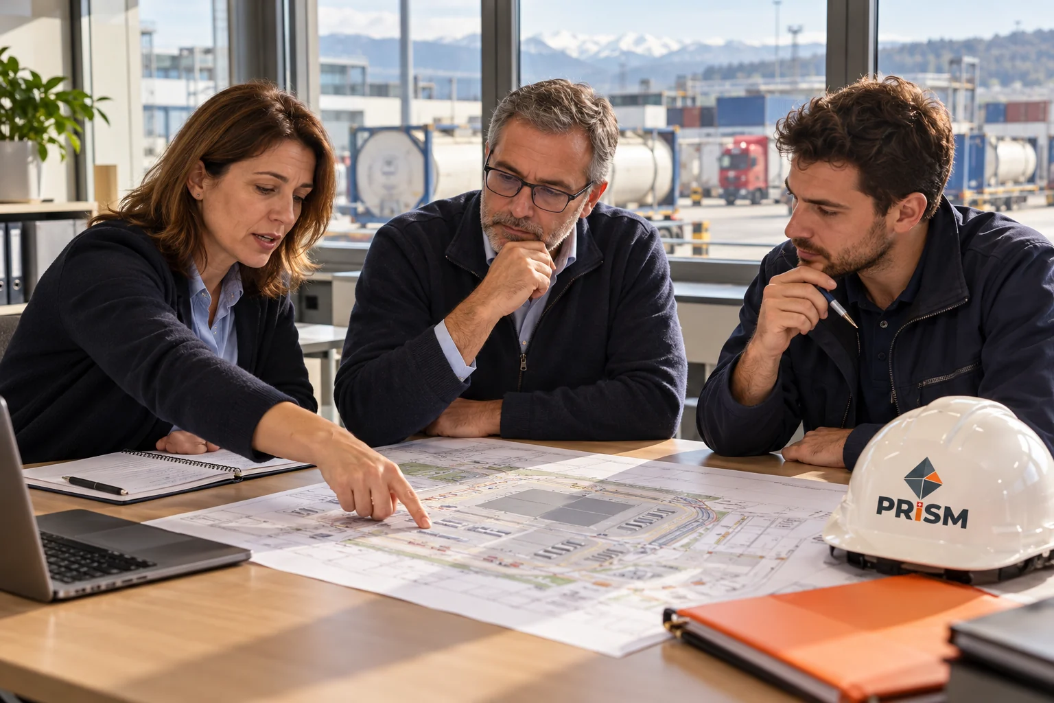 Trois professionnels étudient un plan logistique autour d’une table, avec un casque PRISM